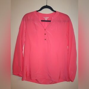 Women's Long-Sleeve Smocked V-Neck Blouse - Coral Pink